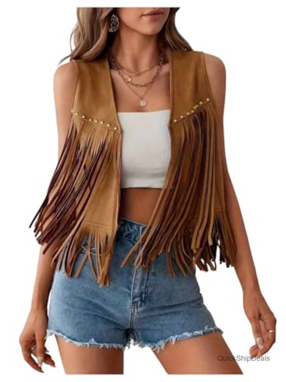 Faux Suede Fringe Vest 70s Cowgirl Western Tassel Hem Open Front